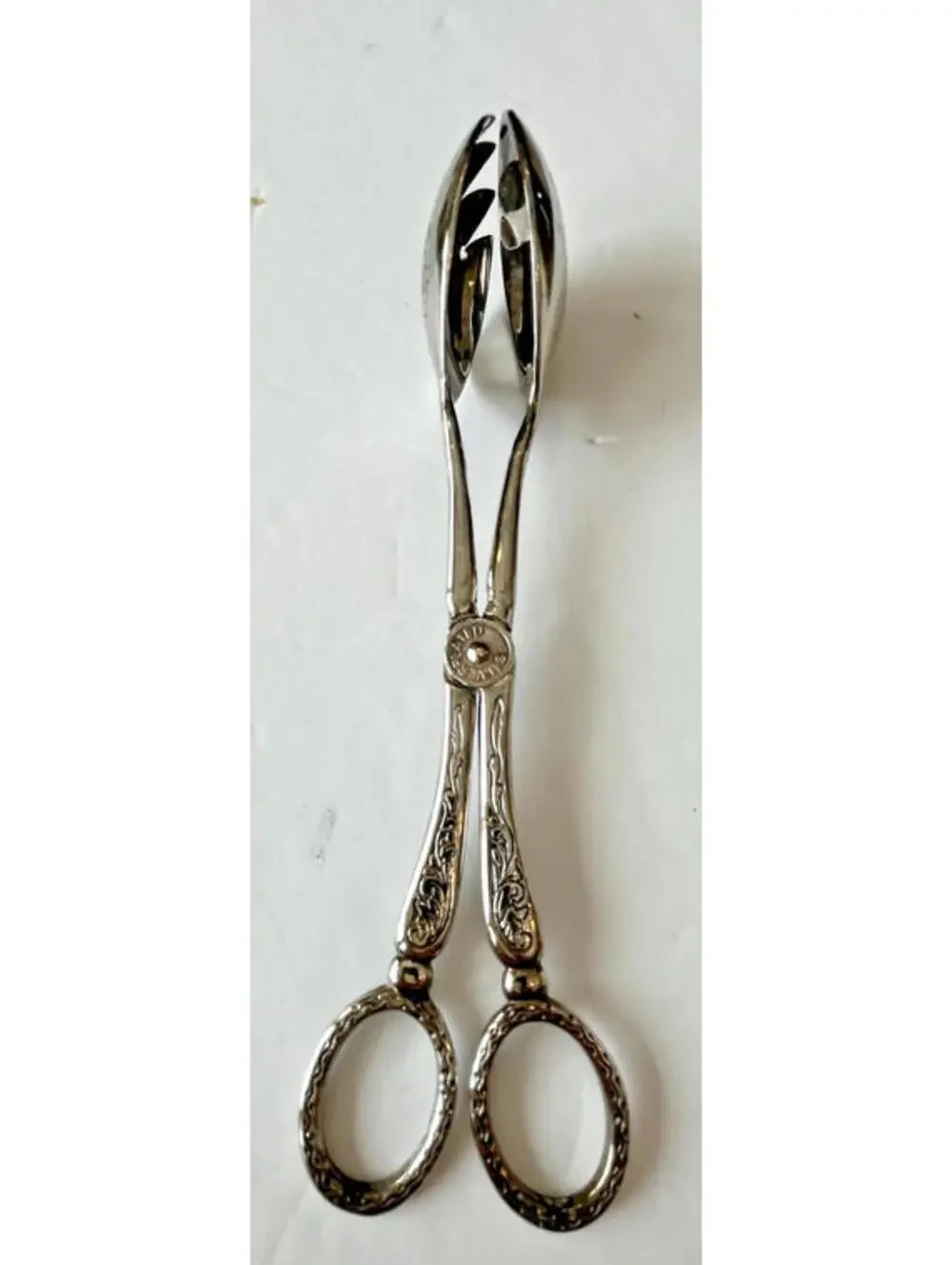 Vintage Italian Scissor Tongs Silverplate Fork and Spoon shape Fruit design 2202